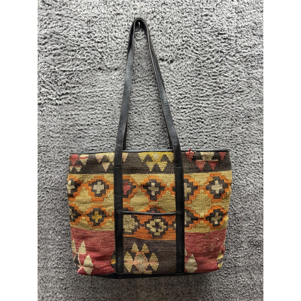Village Tannery By Sevestet Women's Leather Tapestry Aztec Printed Tote Bag
